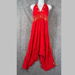 Uluwatu Embroidered Halter Maxi Dress Free Size Boho Resortwear Bali Red
